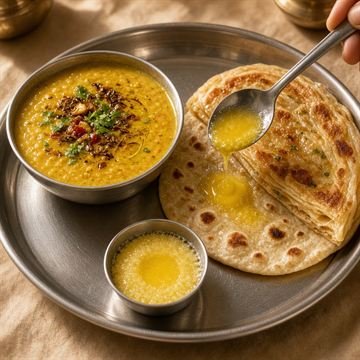 Home-cooked dal and roti served with desi ghee