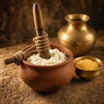 Curd being churned in a traditional wooden bilona