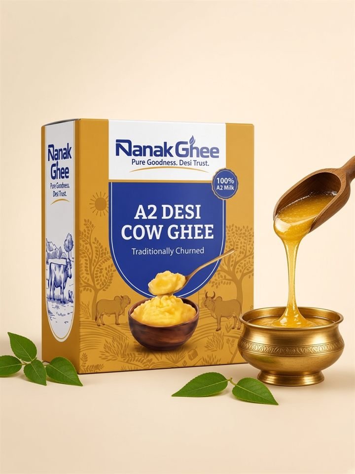 Nanak A2 desi cow ghee box with golden ghee pouring into a brass bowl