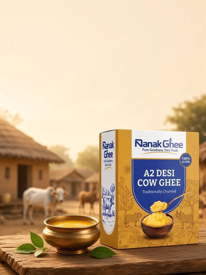 Nanak A2 desi cow ghee box in a village setting