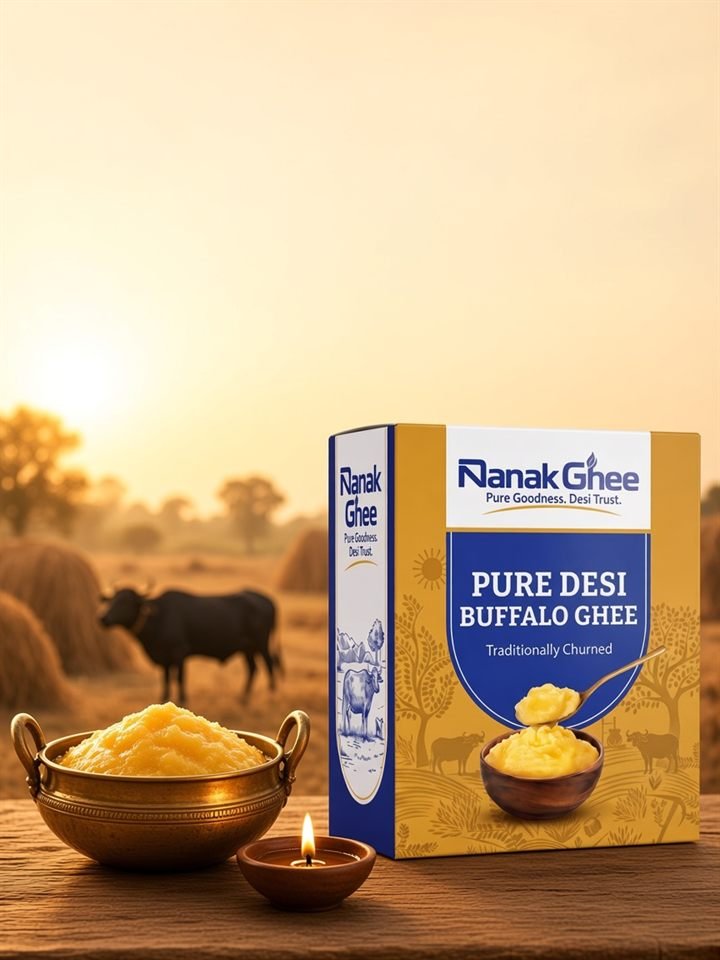 Nanak pure desi buffalo ghee box with kadai of ghee at sunset