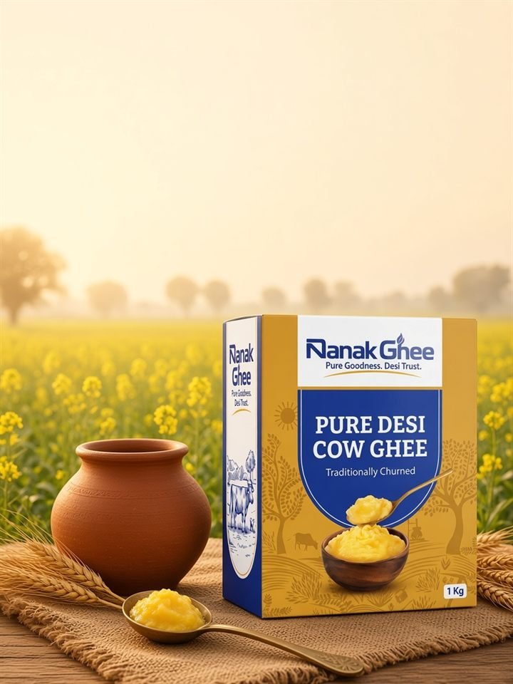 Nanak pure desi cow ghee 1kg box with clay matka in mustard field