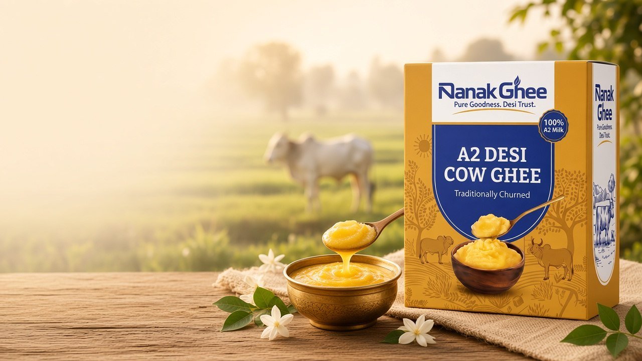 Nanak A2 desi cow ghee box with a brass bowl of ghee and a desi cow in the field