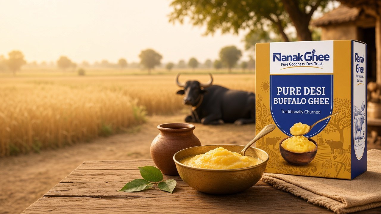 Nanak pure desi buffalo ghee box with a bowl of danedar ghee and a buffalo in Punjab farmland