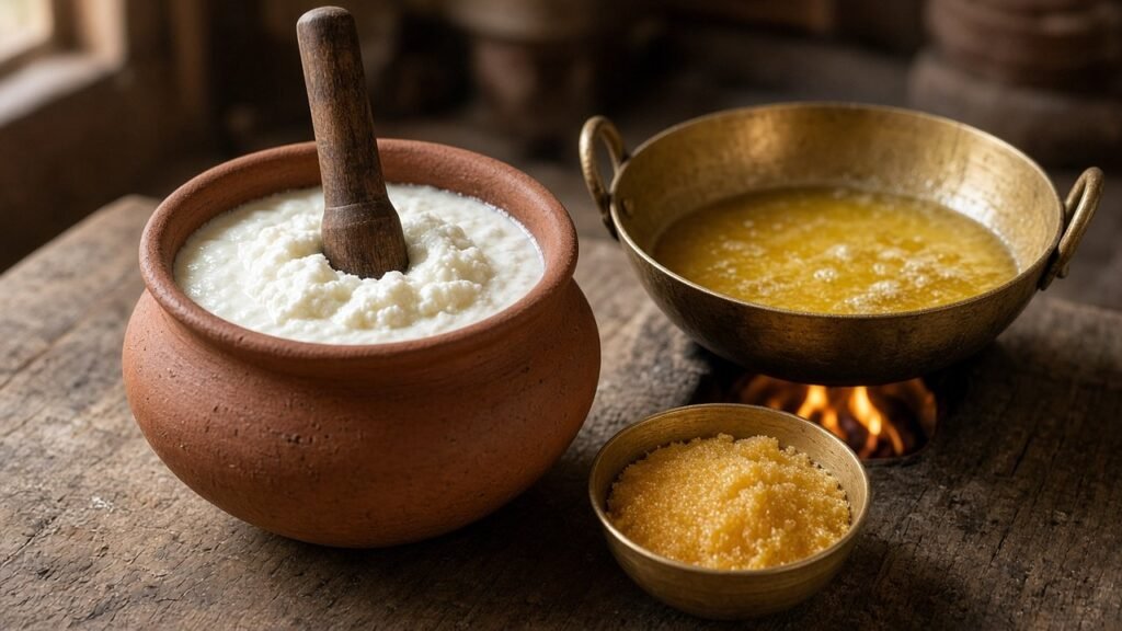 Bilona ghee making: curd in a clay matka with wooden bilona churner and golden ghee simmering in a brass kadai