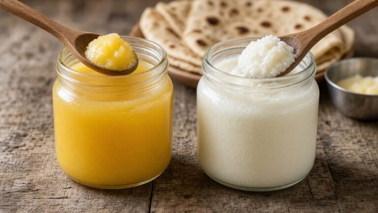 Golden yellow cow ghee and white buffalo ghee in glass jars side by side with rotis