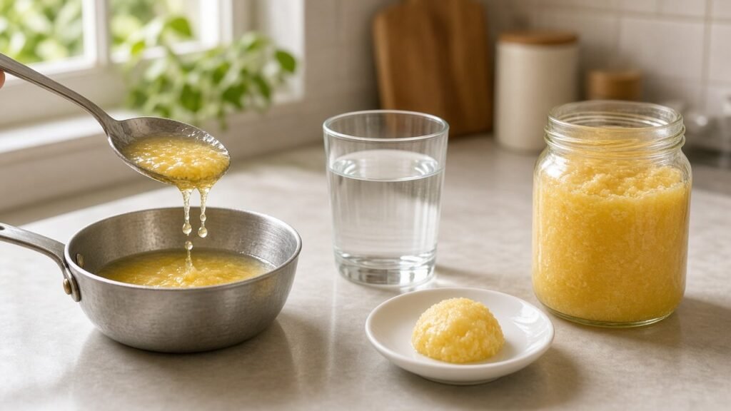 Checking ghee purity at home with a heat test, water glass and a sample of golden desi ghee