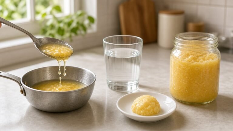 Checking ghee purity at home with a heat test, water glass and a sample of golden desi ghee